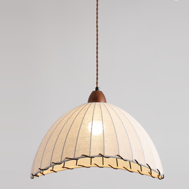 Traditional French Half Round Curved Fabric Ash Wood Hardware 1-Light Pendant Light For Living Room