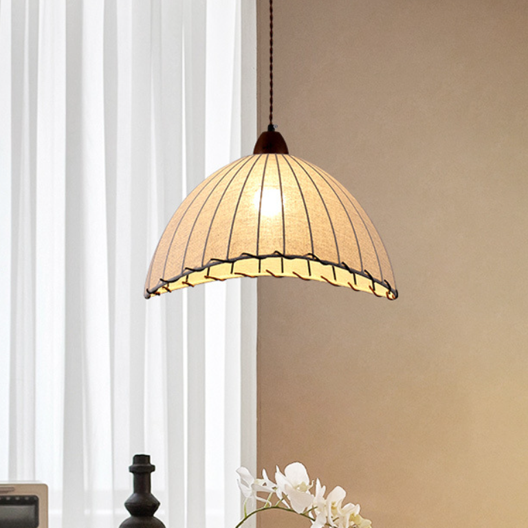 Traditional French Half Round Curved Fabric Ash Wood Hardware 1-Light Pendant Light For Living Room