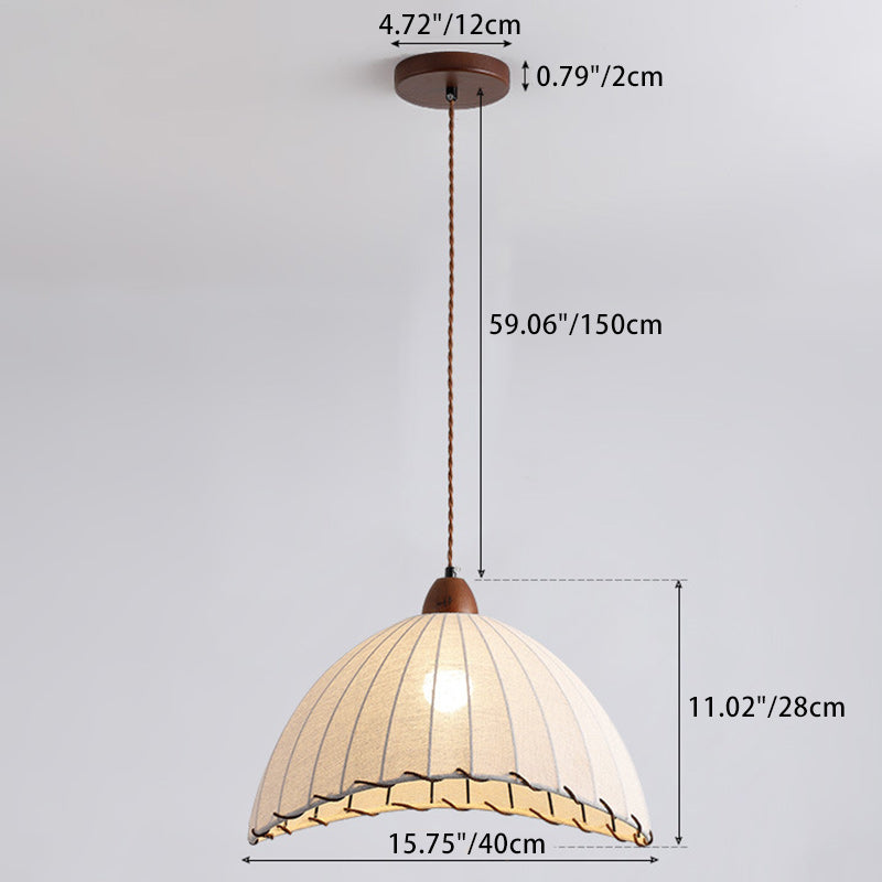 Traditional French Half Round Curved Fabric Ash Wood Hardware 1-Light Pendant Light For Living Room