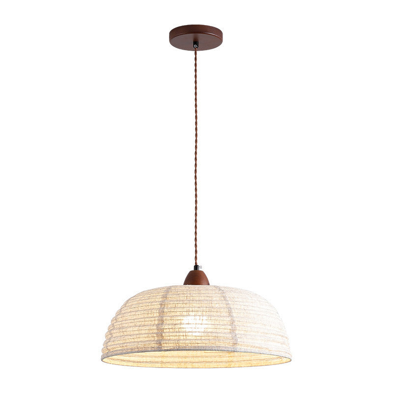 Traditional Japanese Round Fabric Ash Wood Hardware 1-Light Pendant Light For Living Room