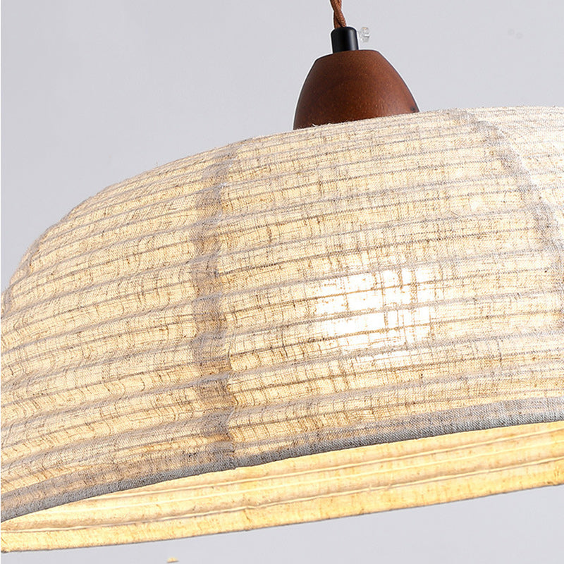 Traditional Japanese Round Fabric Ash Wood Hardware 1-Light Pendant Light For Living Room