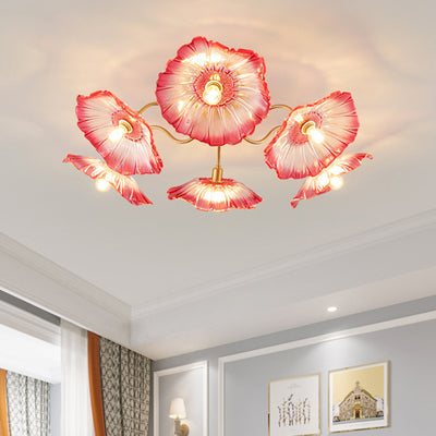 Traditional French Trumpet Branch Round Glass Copper 3/5/6 Light Semi-Flush Mount Ceiling Light For Living Room