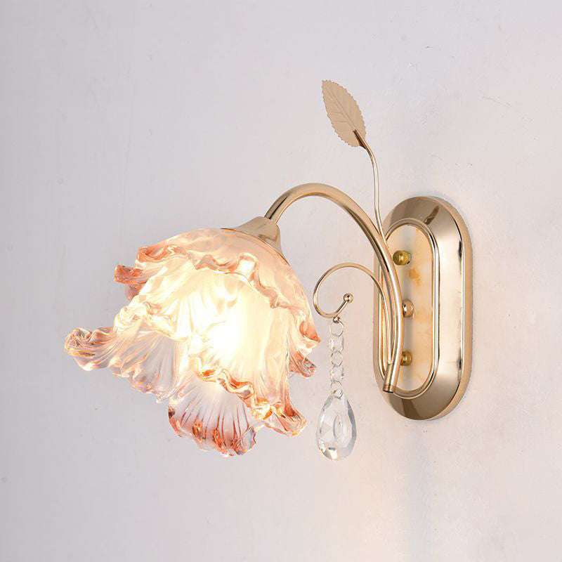 Contemporary Creative Floral Leaf Oval Artificial Jade Iron 1-Light Wall Sconce Lamp For Bedroom