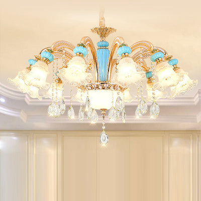 Traditional French Branch Round Flower Glass Ceramic Zinc 6/8/10/12 Light Chandelier For Living Room