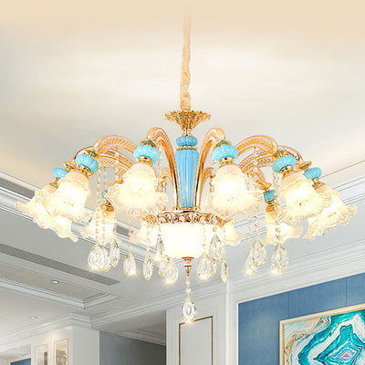 Traditional French Branch Round Flower Glass Ceramic Zinc 6/8/10/12 Light Chandelier For Living Room