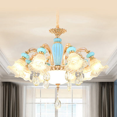 Traditional French Branch Round Flower Glass Ceramic Zinc 6/8/10/12 Light Chandelier For Living Room