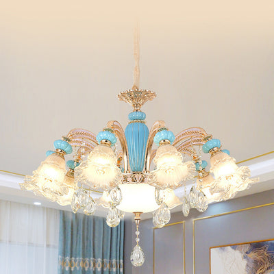 Traditional French Branch Round Flower Glass Ceramic Zinc 6/8/10/12 Light Chandelier For Living Room