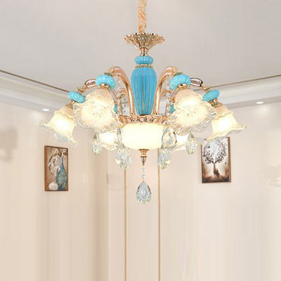 Traditional French Branch Round Flower Glass Ceramic Zinc 6/8/10/12 Light Chandelier For Living Room