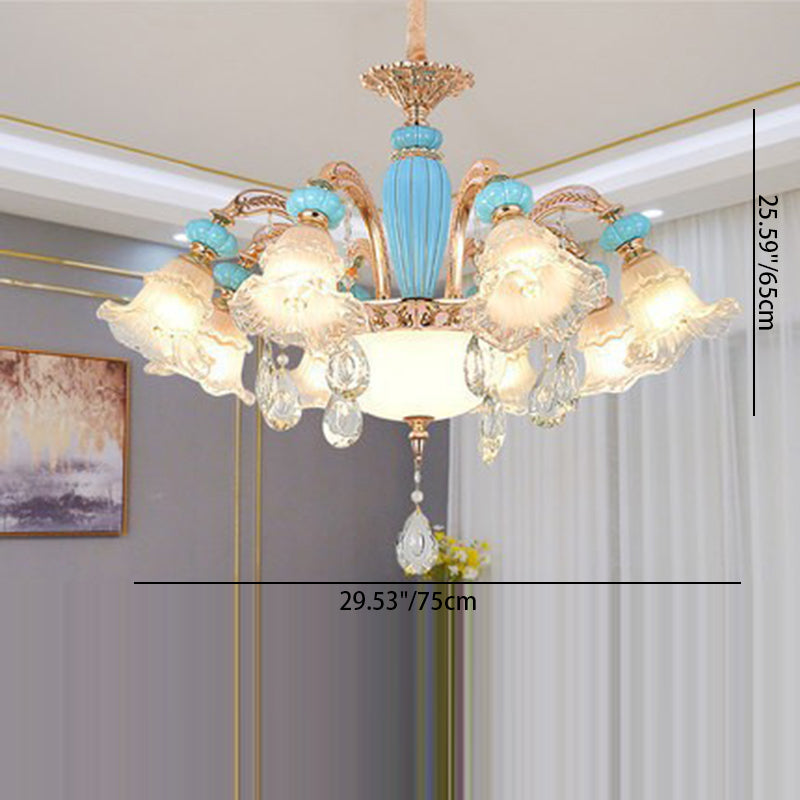 Traditional French Branch Round Flower Glass Ceramic Zinc 6/8/10/12 Light Chandelier For Living Room