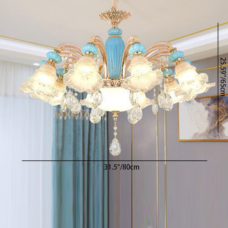 Traditional French Branch Round Flower Glass Ceramic Zinc 6/8/10/12 Light Chandelier For Living Room