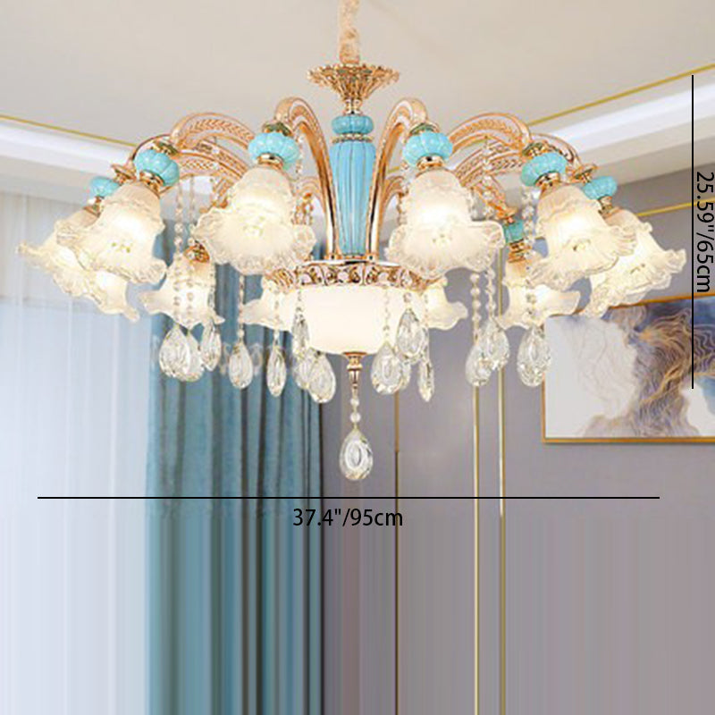 Traditional French Branch Round Flower Glass Ceramic Zinc 6/8/10/12 Light Chandelier For Living Room