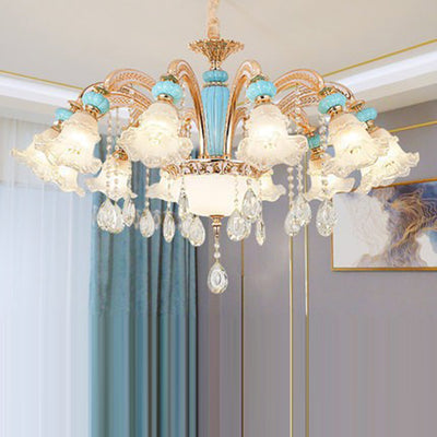 Traditional French Branch Round Flower Glass Ceramic Zinc 6/8/10/12 Light Chandelier For Living Room