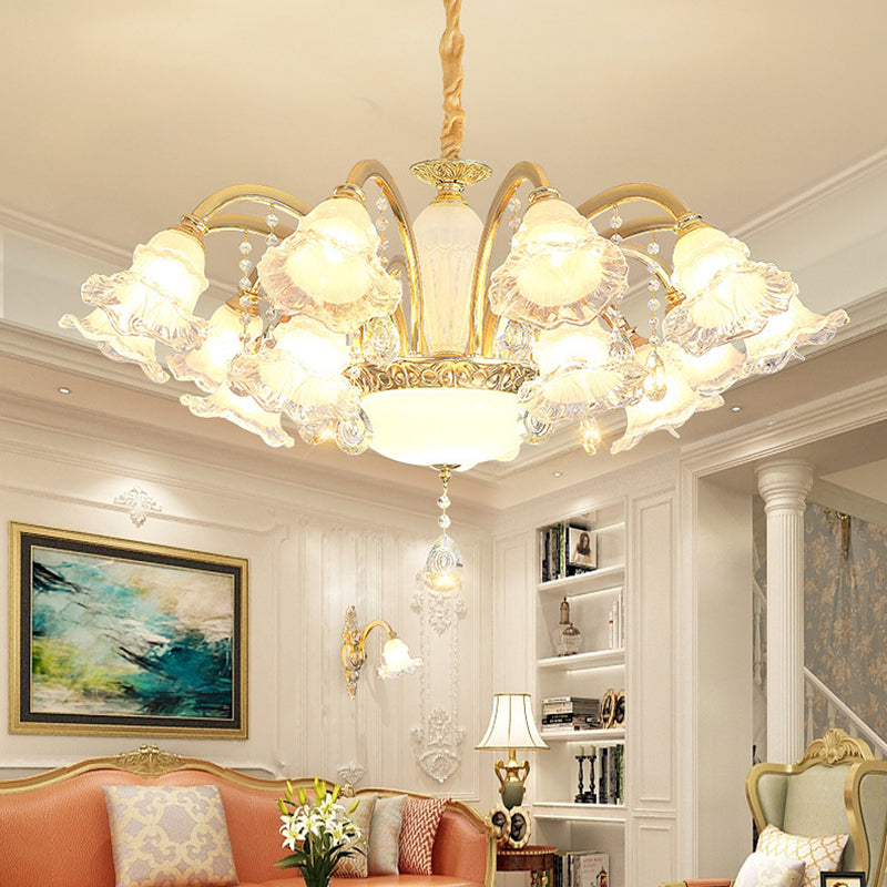 Traditional French Cream Flower Round Column Glass Crystal Zinc Alloy 6/8/10/12/15 Light Chandelier For Living Room