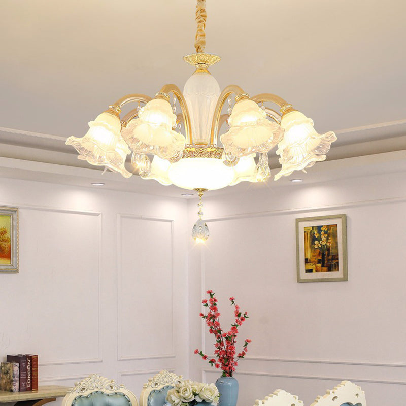 Traditional French Cream Flower Round Column Glass Crystal Zinc Alloy 6/8/10/12/15 Light Chandelier For Living Room