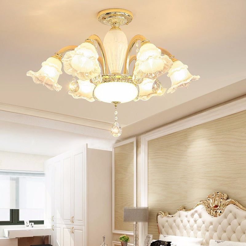 Traditional French Cream Flower Round Column Glass Crystal Zinc Alloy 6/8/10/12/15 Light Chandelier For Living Room