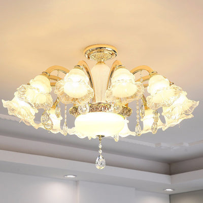 Traditional French Cream Flower Round Column Glass Crystal Zinc Alloy 6/8/10/12/15 Light Chandelier For Living Room