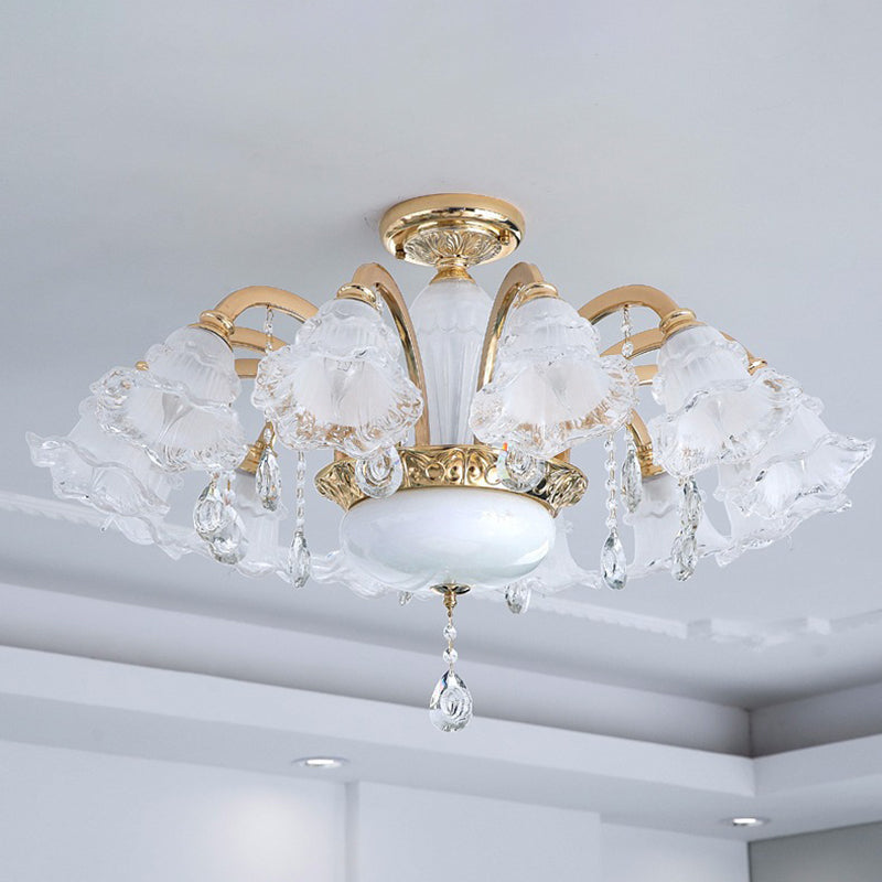 Traditional French Cream Flower Round Column Glass Crystal Zinc Alloy 6/8/10/12/15 Light Chandelier For Living Room