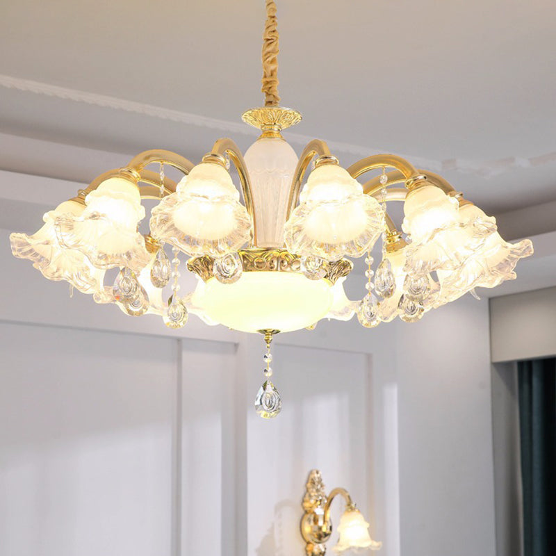 Traditional French Cream Flower Round Column Glass Crystal Zinc Alloy 6/8/10/12/15 Light Chandelier For Living Room