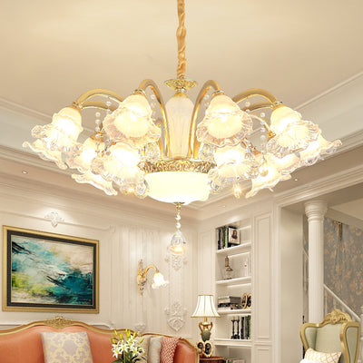 Traditional French Cream Flower Round Column Glass Crystal Zinc Alloy 6/8/10/12/15 Light Chandelier For Living Room