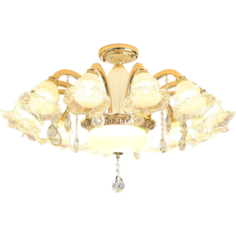 Traditional French Cream Flower Round Column Glass Crystal Zinc Alloy 6/8/10/12/15 Light Chandelier For Living Room