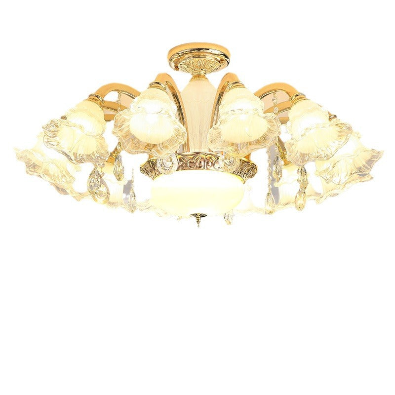 Traditional French Cream Flower Round Column Glass Crystal Zinc Alloy 6/8/10/12/15 Light Chandelier For Living Room