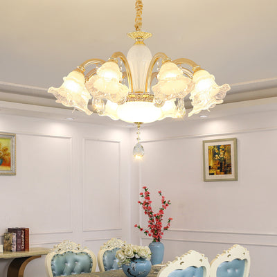 Traditional French Cream Flower Round Column Glass Crystal Zinc Alloy 6/8/10/12/15 Light Chandelier For Living Room