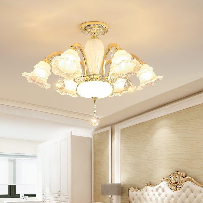 Traditional French Cream Flower Round Column Glass Crystal Zinc Alloy 6/8/10/12/15 Light Chandelier For Living Room