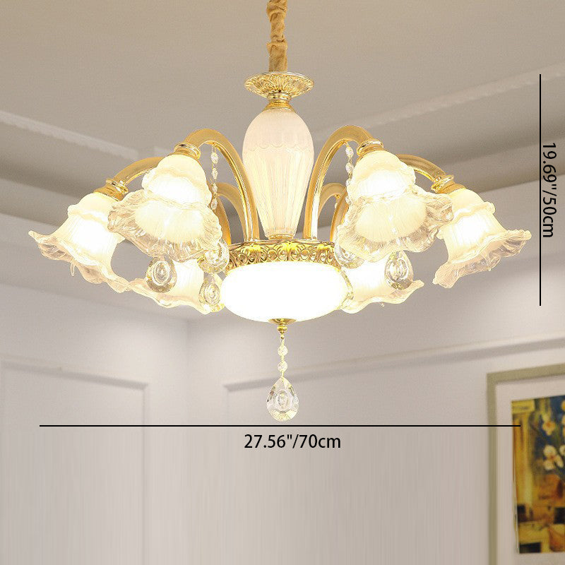 Traditional French Cream Flower Round Column Glass Crystal Zinc Alloy 6/8/10/12/15 Light Chandelier For Living Room