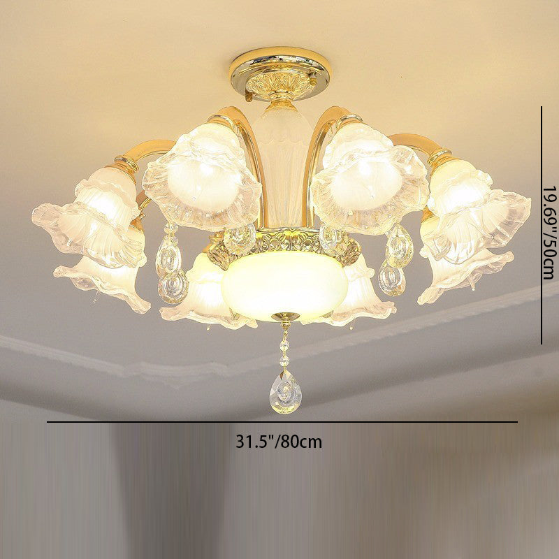 Traditional French Cream Flower Round Column Glass Crystal Zinc Alloy 6/8/10/12/15 Light Chandelier For Living Room