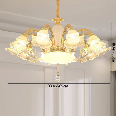 Traditional French Cream Flower Round Column Glass Crystal Zinc Alloy 6/8/10/12/15 Light Chandelier For Living Room