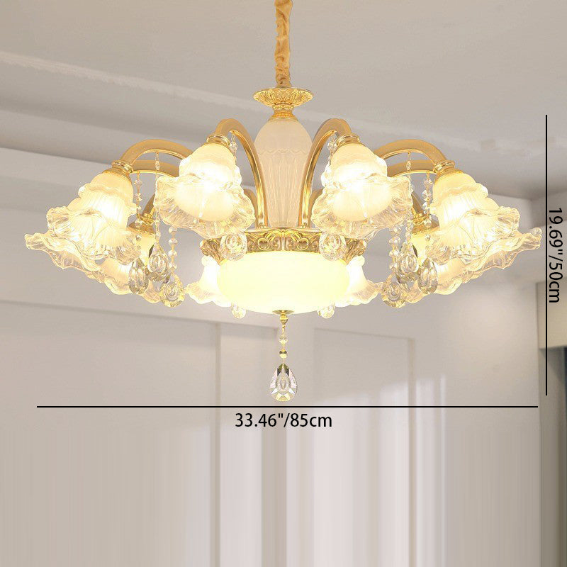 Traditional French Cream Flower Round Column Glass Crystal Zinc Alloy 6/8/10/12/15 Light Chandelier For Living Room