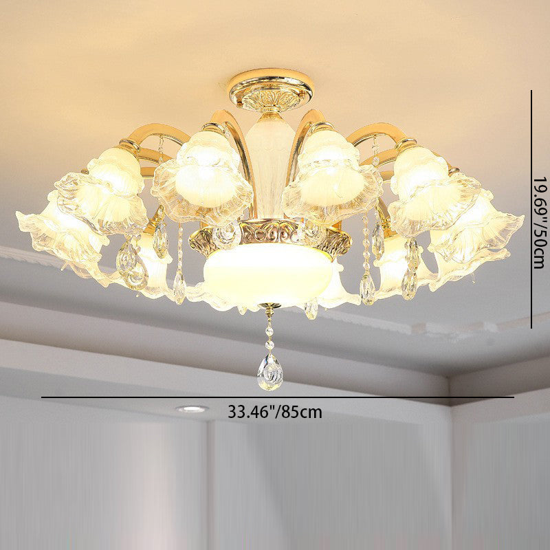 Traditional French Cream Flower Round Column Glass Crystal Zinc Alloy 6/8/10/12/15 Light Chandelier For Living Room