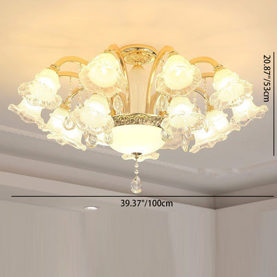 Traditional French Cream Flower Round Column Glass Crystal Zinc Alloy 6/8/10/12/15 Light Chandelier For Living Room