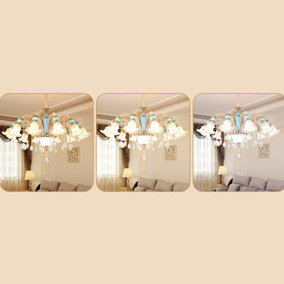 Traditional French Cream Flower Round Column Glass Crystal Zinc Alloy 6/8/10/12/15 Light Chandelier For Living Room