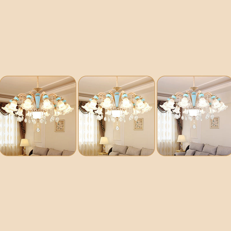 Traditional French Cream Flower Round Column Glass Crystal Zinc Alloy 6/8/10/12/15 Light Chandelier For Living Room