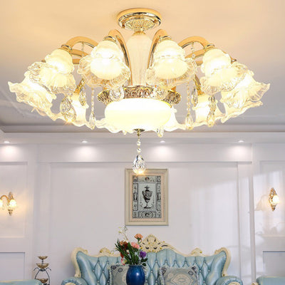 Traditional French Cream Flower Round Column Glass Crystal Zinc Alloy 6/8/10/12/15 Light Chandelier For Living Room