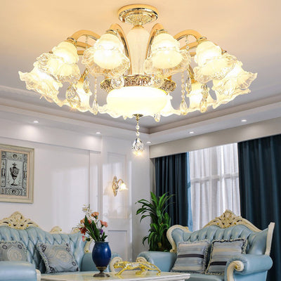 Traditional French Cream Flower Round Column Glass Crystal Zinc Alloy 6/8/10/12/15 Light Chandelier For Living Room