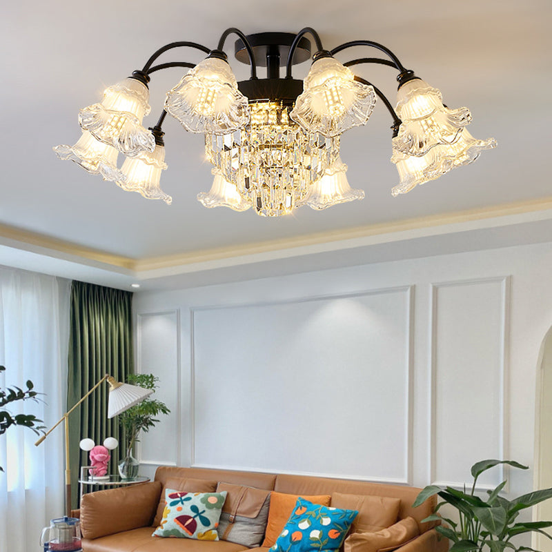 Modern Art Deco Flower Round Branch Crystal Glass Iron 3/6/8/10/12/15 Light Semi-Flush Mount Ceiling Light For Living Room