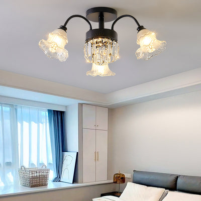 Modern Art Deco Flower Round Branch Crystal Glass Iron 3/6/8/10/12/15 Light Semi-Flush Mount Ceiling Light For Living Room