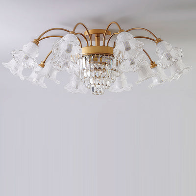 Modern Art Deco Flower Round Branch Crystal Glass Iron 3/6/8/10/12/15 Light Semi-Flush Mount Ceiling Light For Living Room