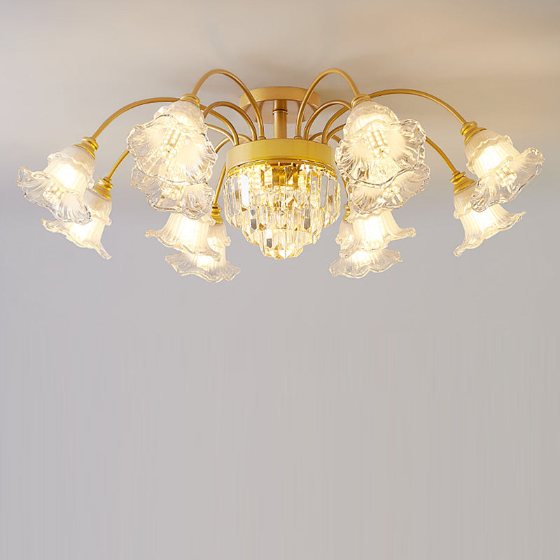 Modern Art Deco Flower Round Branch Crystal Glass Iron 3/6/8/10/12/15 Light Semi-Flush Mount Ceiling Light For Living Room