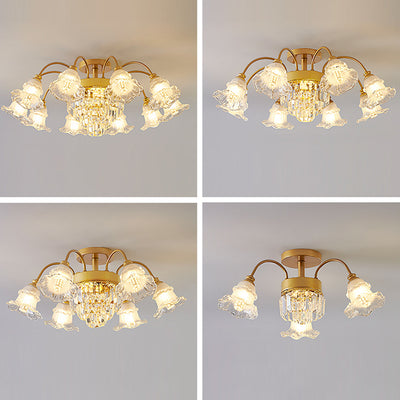 Modern Art Deco Flower Round Branch Crystal Glass Iron 3/6/8/10/12/15 Light Semi-Flush Mount Ceiling Light For Living Room