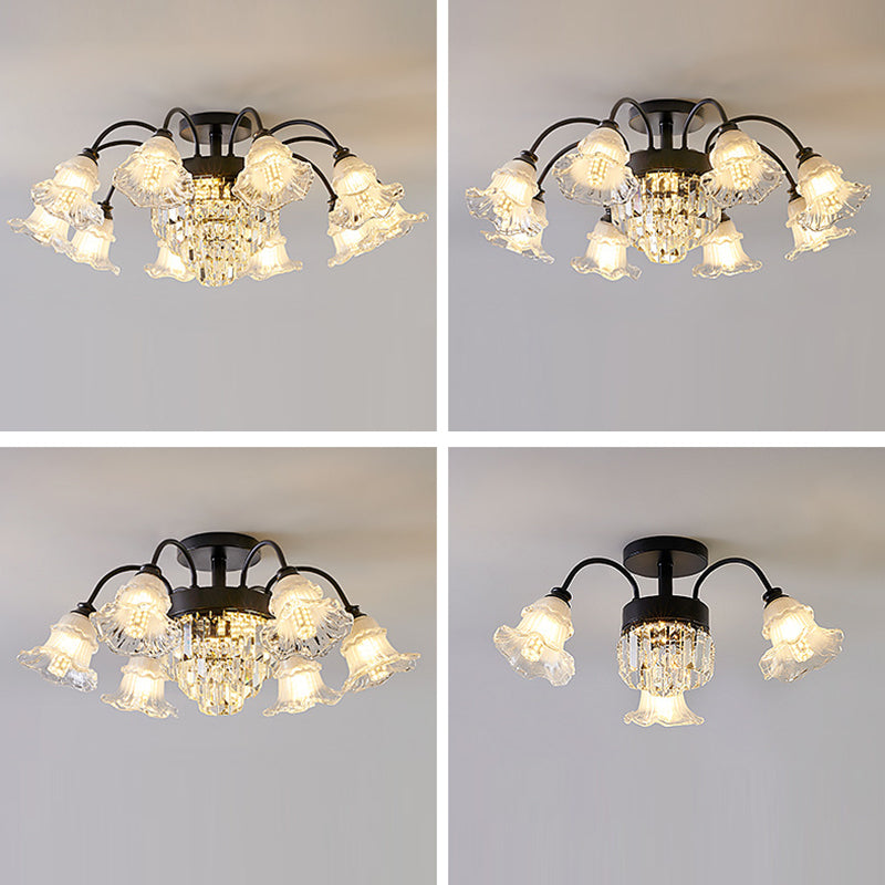 Modern Art Deco Flower Round Branch Crystal Glass Iron 3/6/8/10/12/15 Light Semi-Flush Mount Ceiling Light For Living Room