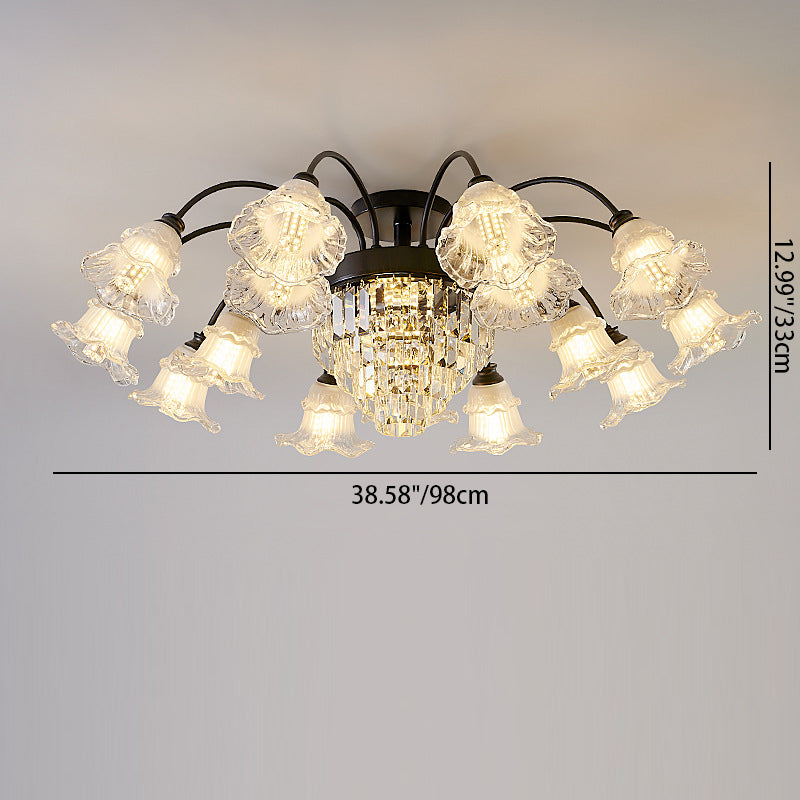 Modern Art Deco Flower Round Branch Crystal Glass Iron 3/6/8/10/12/15 Light Semi-Flush Mount Ceiling Light For Living Room