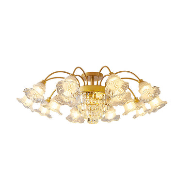 Modern Art Deco Flower Round Branch Crystal Glass Iron 3/6/8/10/12/15 Light Semi-Flush Mount Ceiling Light For Living Room