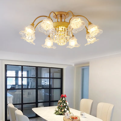 Modern Art Deco Flower Round Branch Crystal Glass Iron 3/6/8/10/12/15 Light Semi-Flush Mount Ceiling Light For Living Room