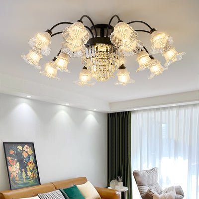 Modern Art Deco Flower Round Branch Crystal Glass Iron 3/6/8/10/12/15 Light Semi-Flush Mount Ceiling Light For Living Room