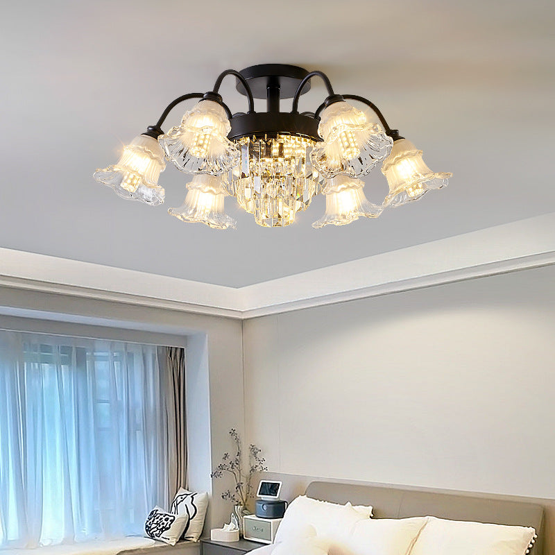 Modern Art Deco Flower Round Branch Crystal Glass Iron 3/6/8/10/12/15 Light Semi-Flush Mount Ceiling Light For Living Room