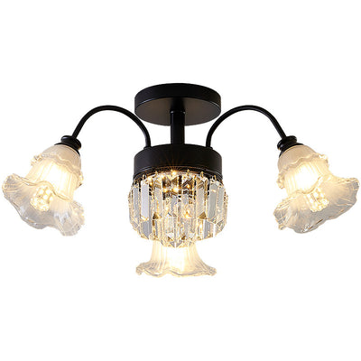 Modern Art Deco Flower Round Branch Crystal Glass Iron 3/6/8/10/12/15 Light Semi-Flush Mount Ceiling Light For Living Room