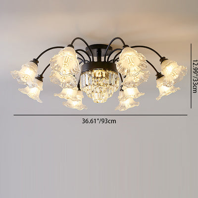 Modern Art Deco Flower Round Branch Crystal Glass Iron 3/6/8/10/12/15 Light Semi-Flush Mount Ceiling Light For Living Room